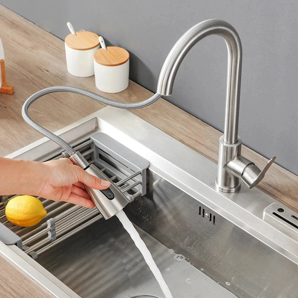 Küchenarmatur mit ausziehbarer Brause – 3 Strahlarten – Edelstahloptik