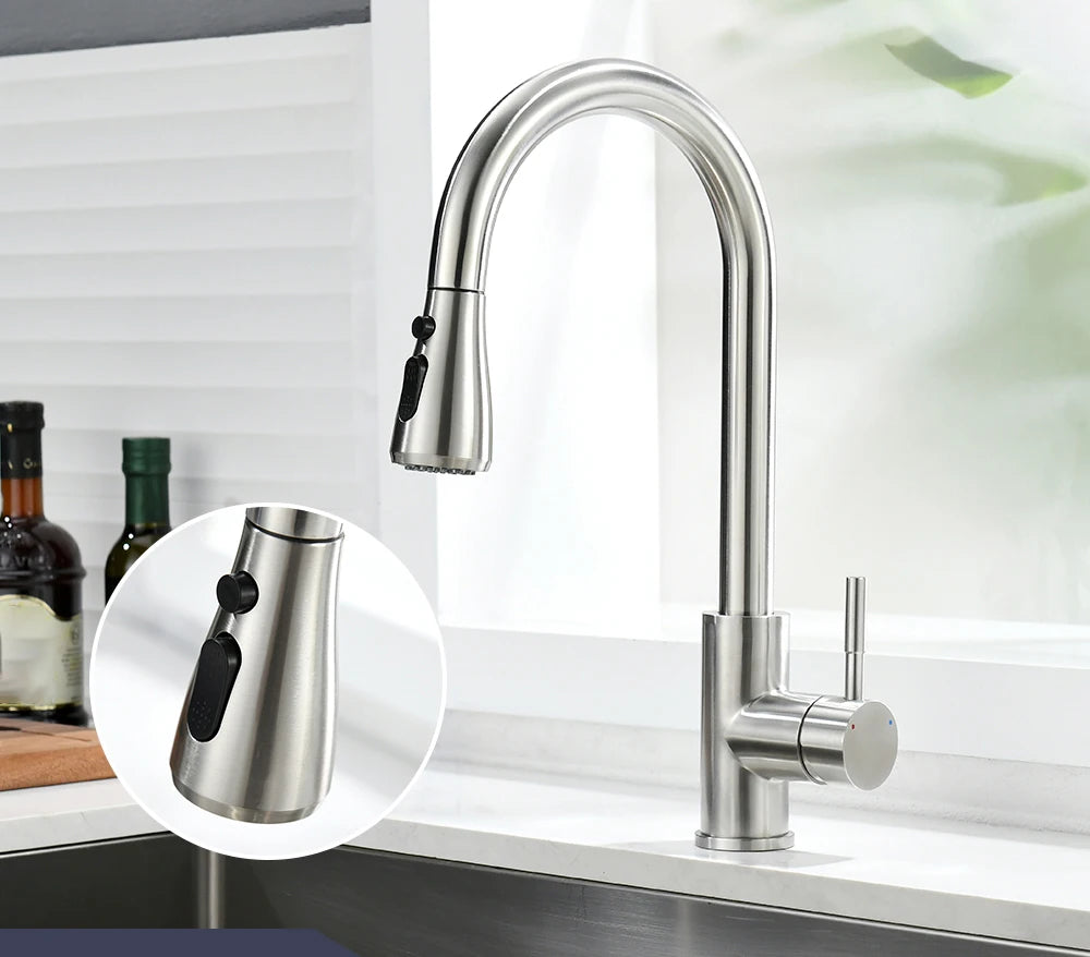 Küchenarmatur mit ausziehbarer Brause – 3 Strahlarten – Edelstahloptik